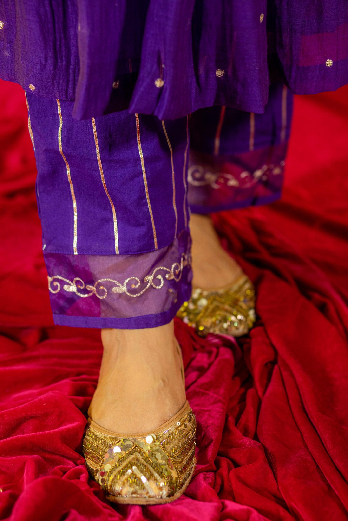 Purple V Neck A-line Kurta Set