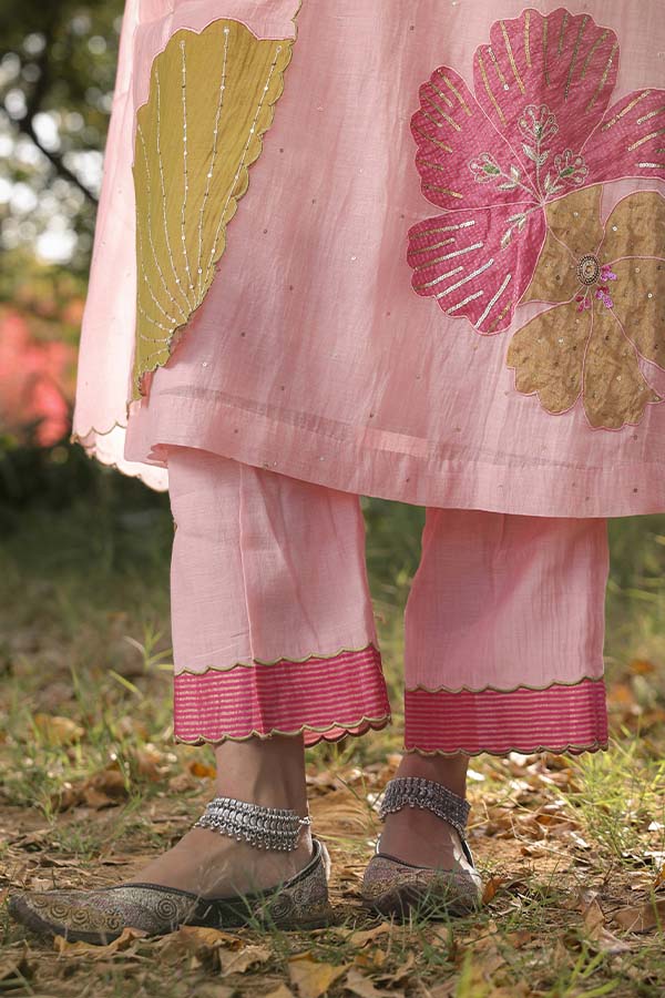 Baby Pink Appliqué Floral A-line Kurta Set