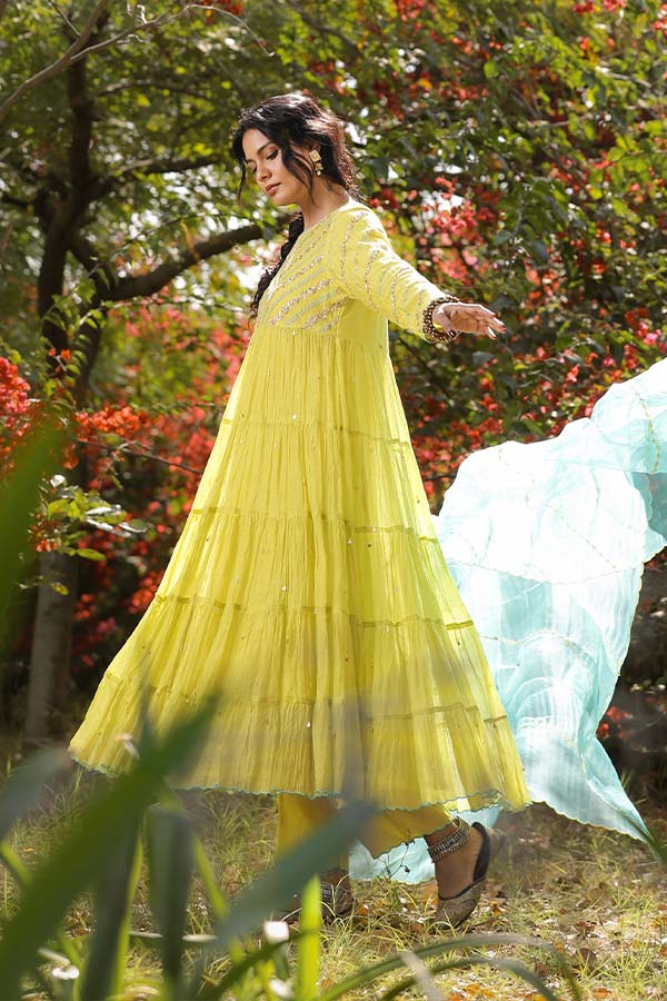 Neon Green Tier Anarkali Set