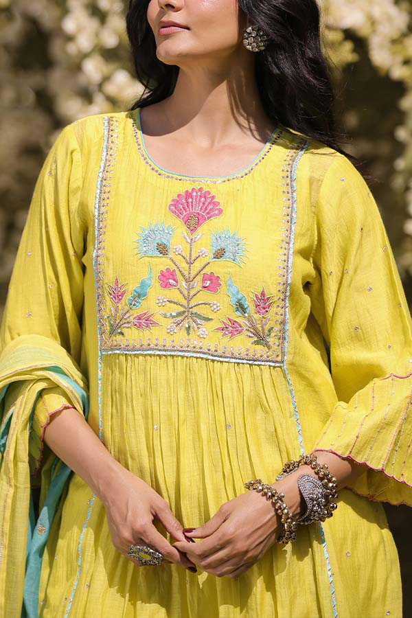 Neon Green Applique Kurta Set