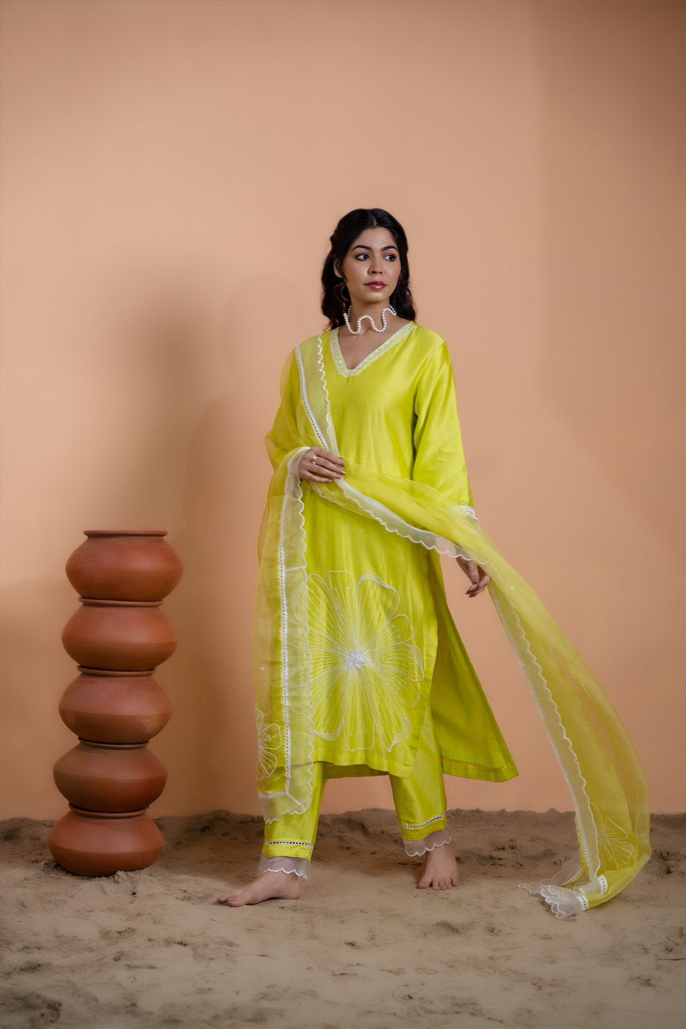 Neon Green Floral Motif Suit Set