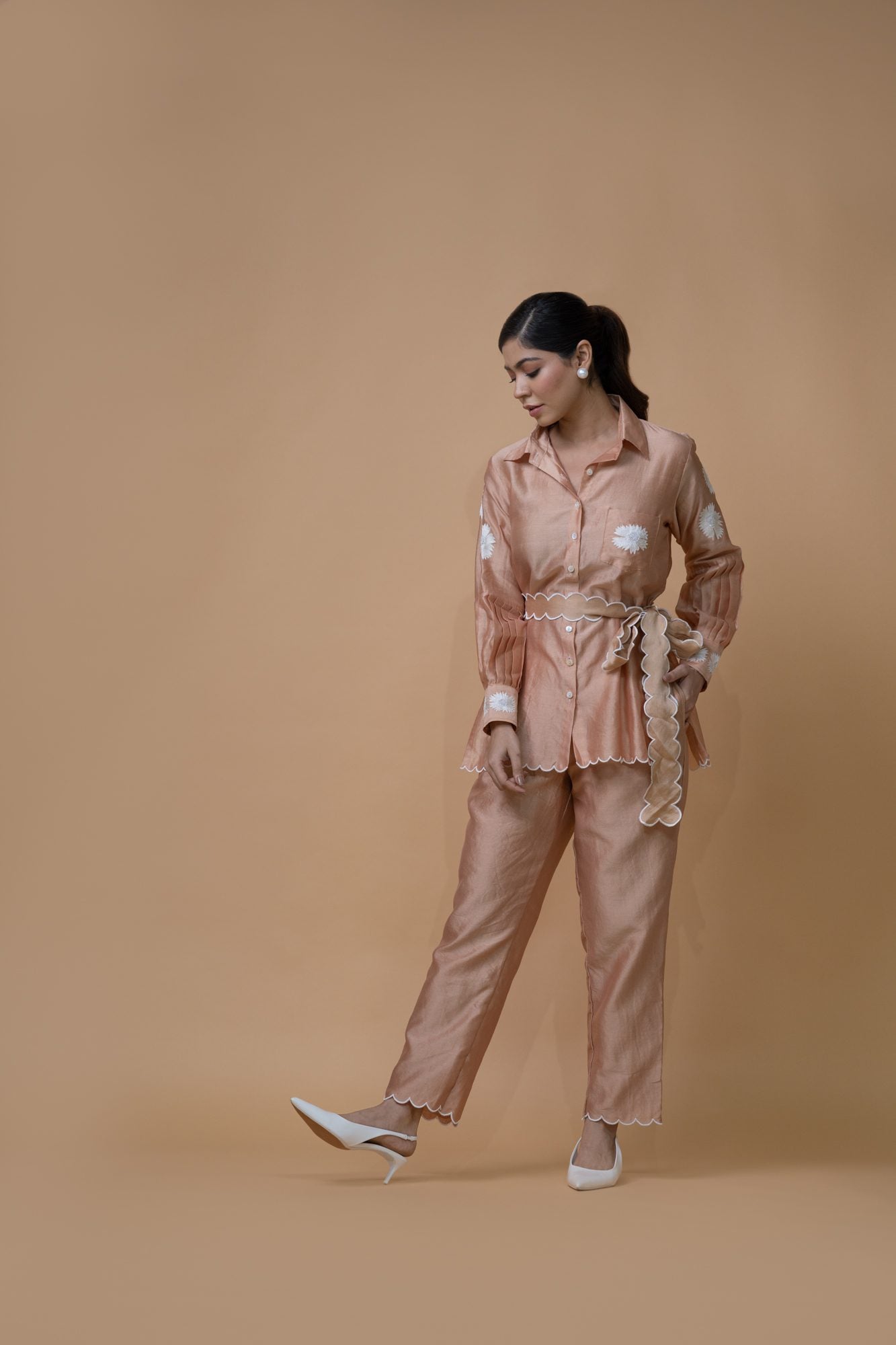 Beige Pleated Coord Set