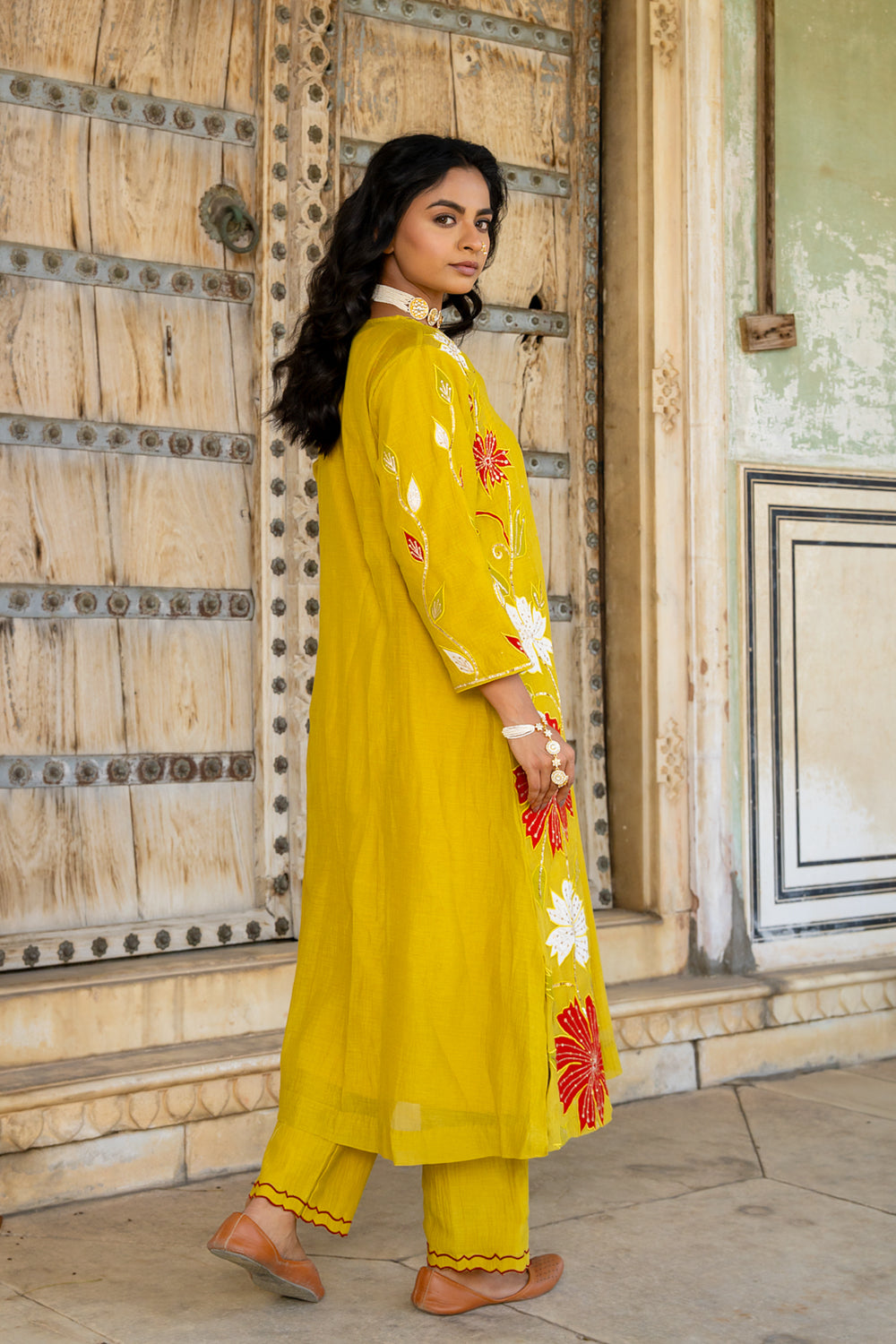 Mustard Appliqué Floral A Line Suit Set