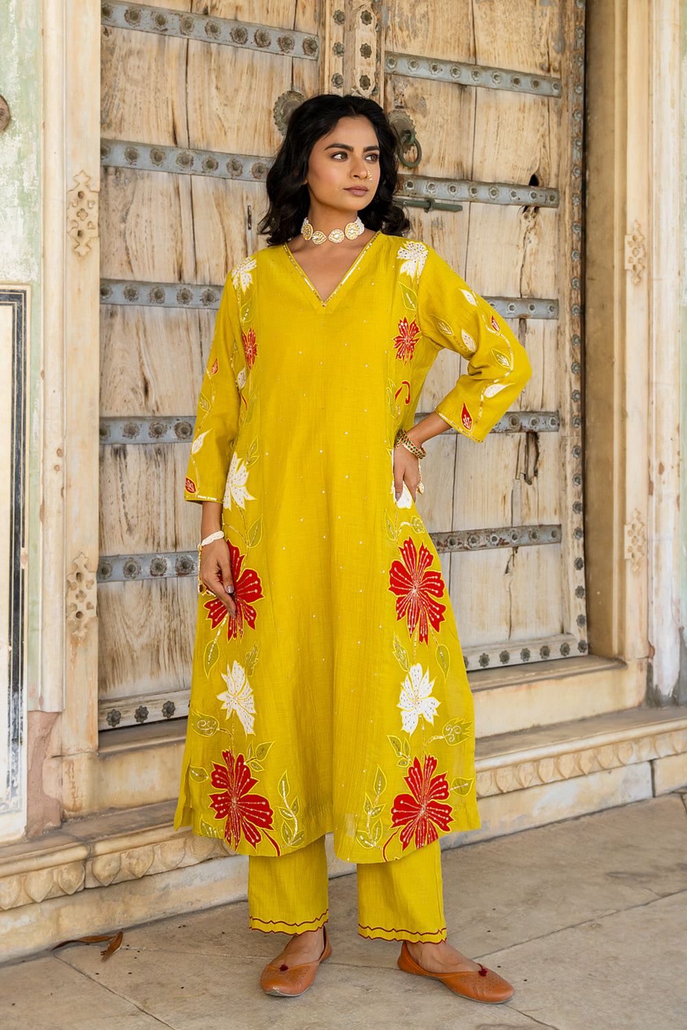 Mustard Appliqué Floral A Line Suit Set