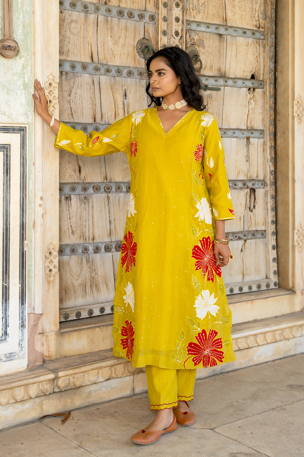 Mustard Appliqué Floral A Line Suit Set