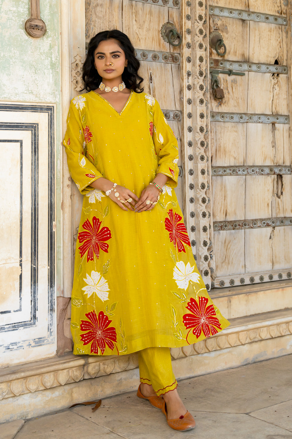 Mustard Appliqué Floral A Line Suit Set