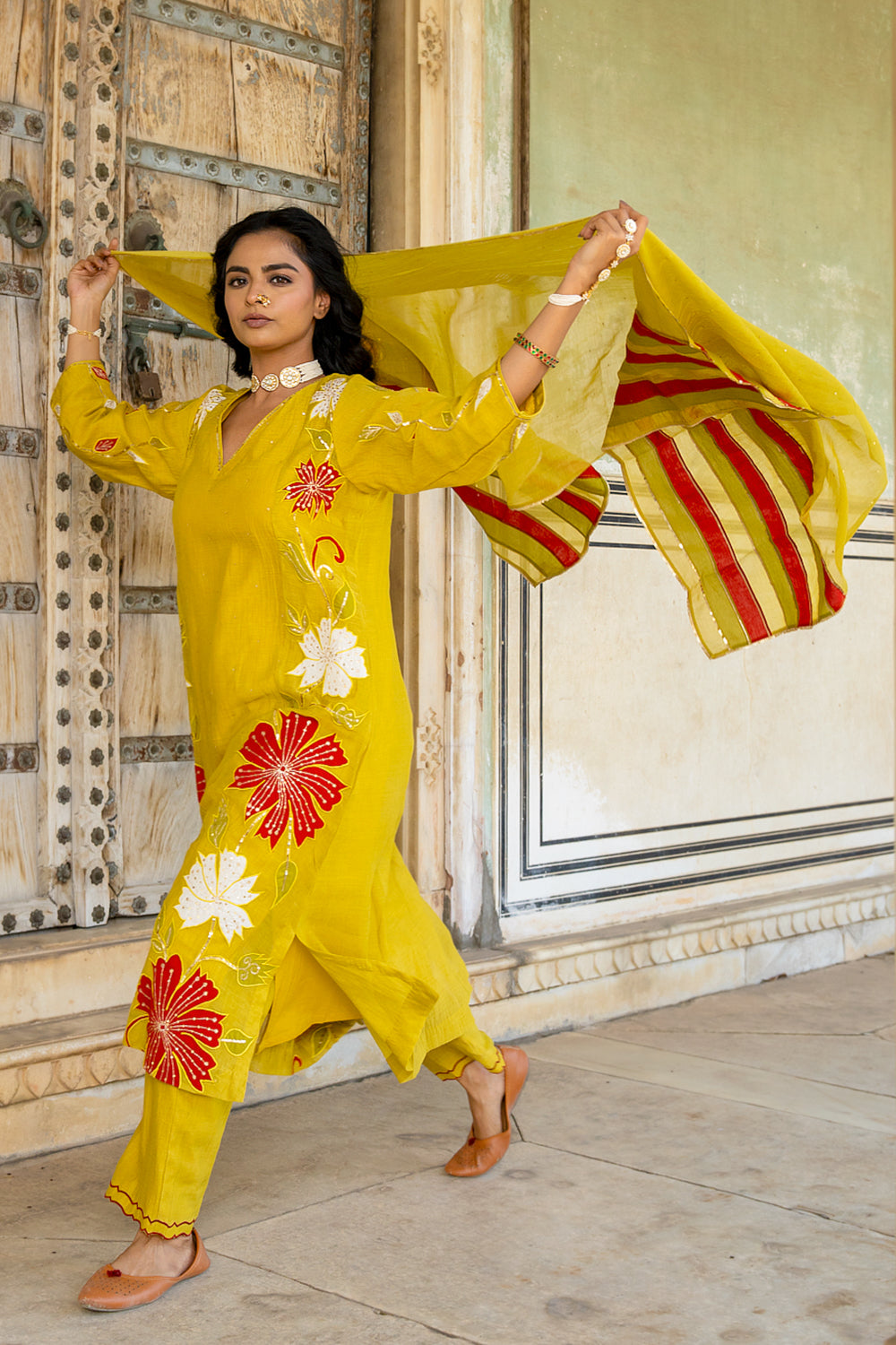 Mustard Appliqué Floral A Line Suit Set