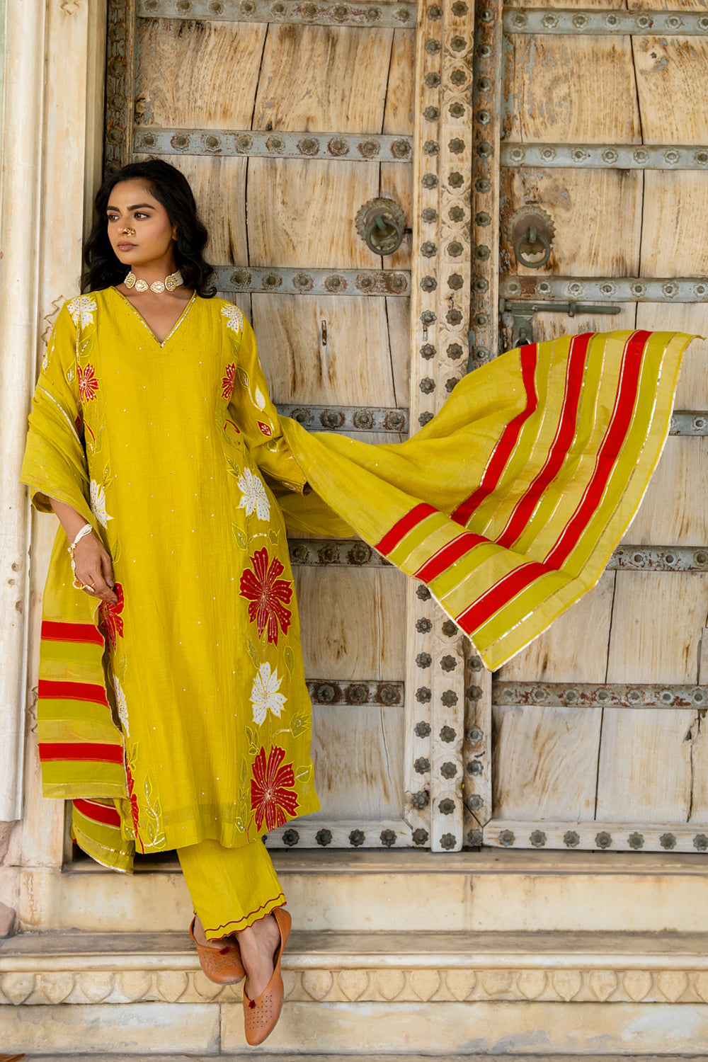 Mustard Appliqué Floral A Line Suit Set