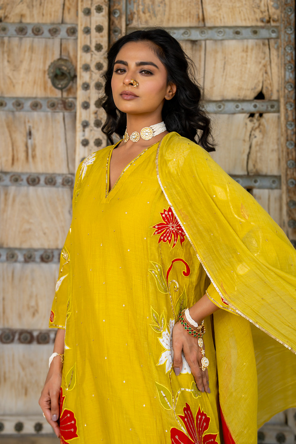 Mustard Appliqué Floral A Line Suit Set