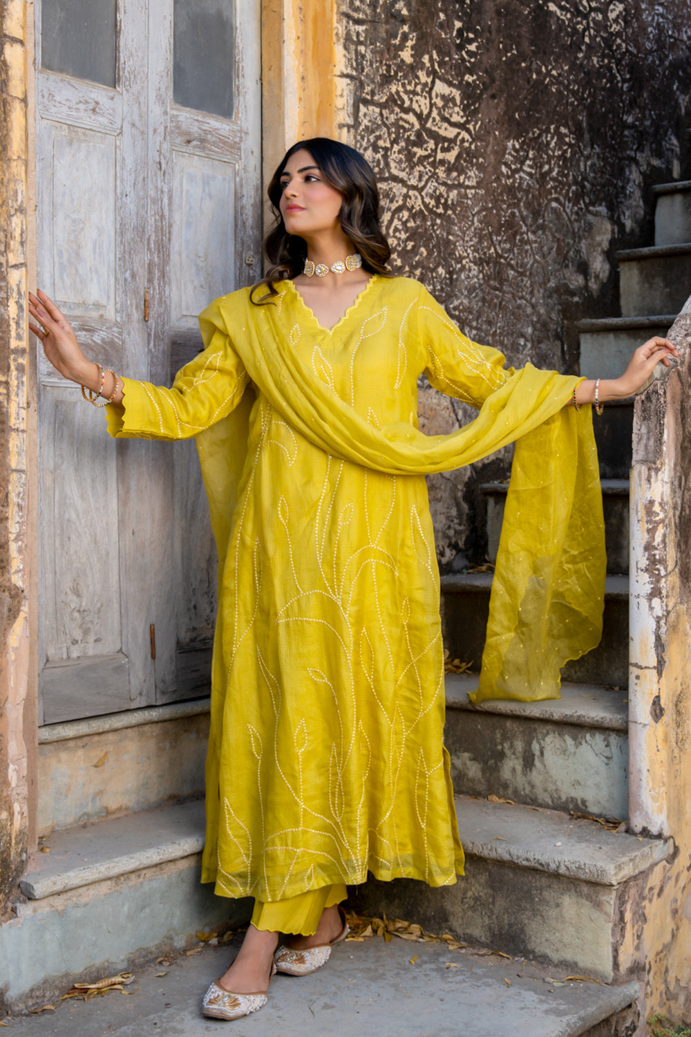 Mustard Sequins A Line Suit Set