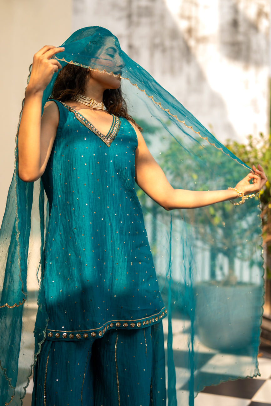 Teal Blue Sequinns Sharara set