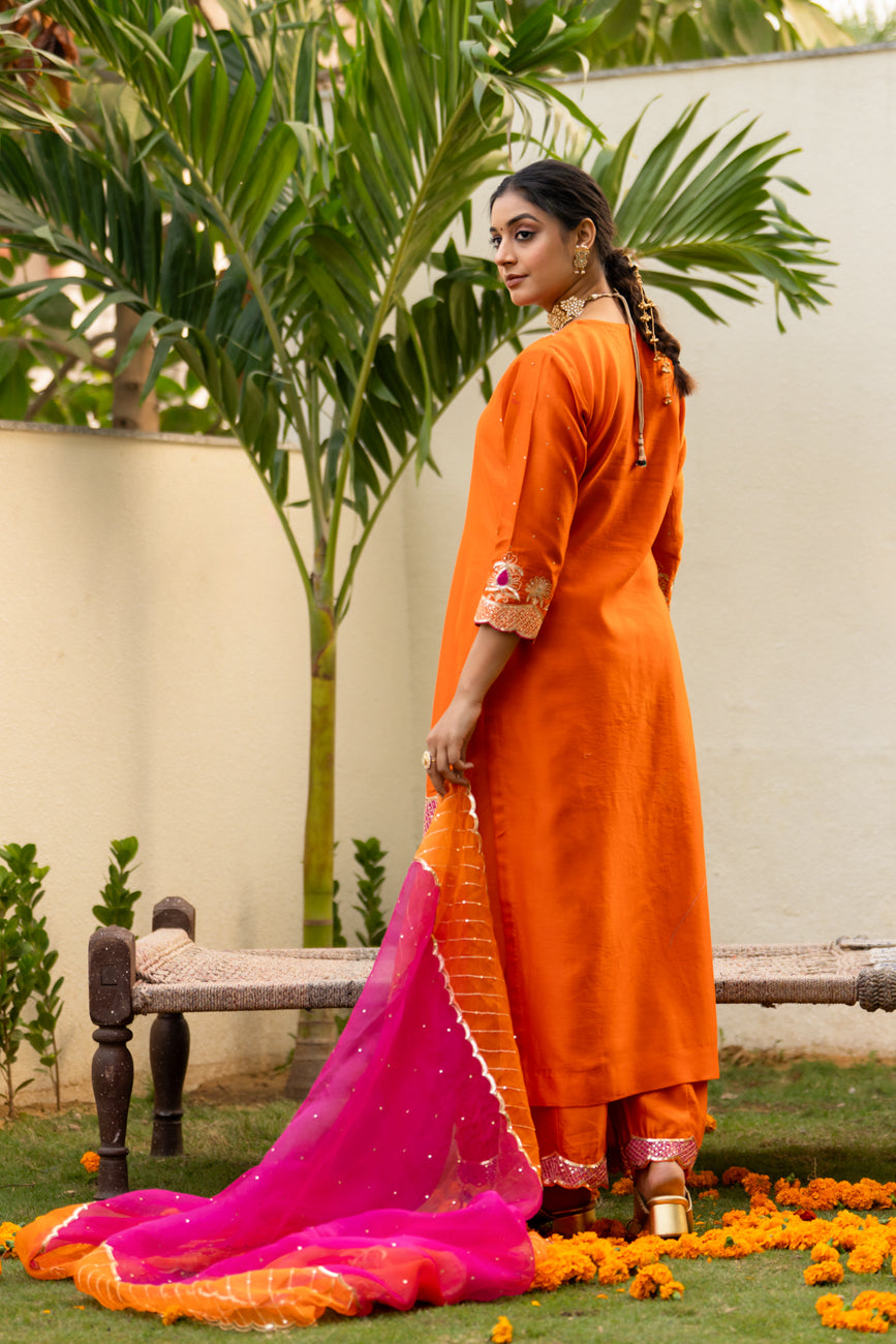 Orange Aari sequinns straight suit