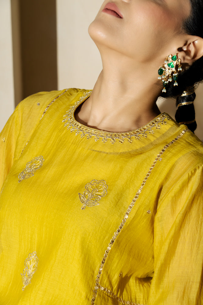 Yellow Floral Boota A-Line Suit Set