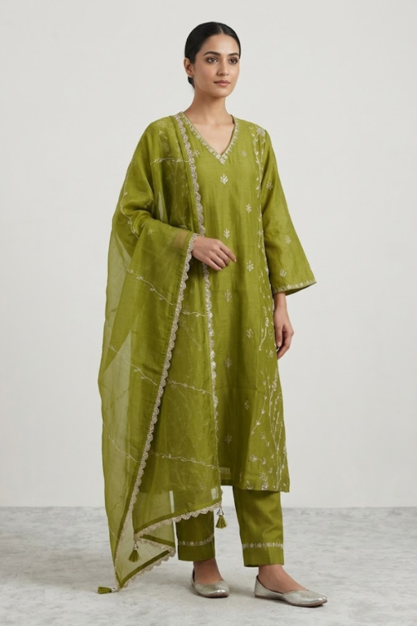 Olive Green Side Panel Kurta Set