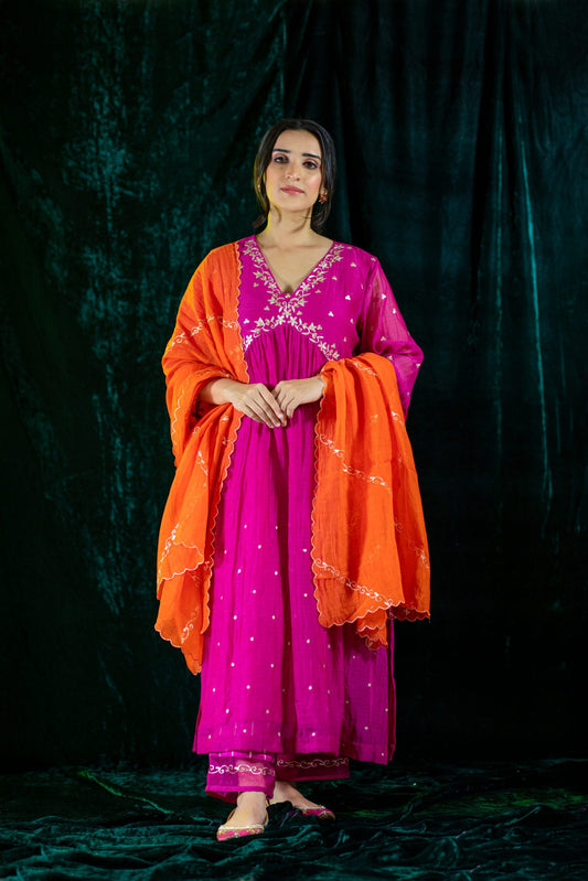Fuchsia V-Neck Kurta Suit set