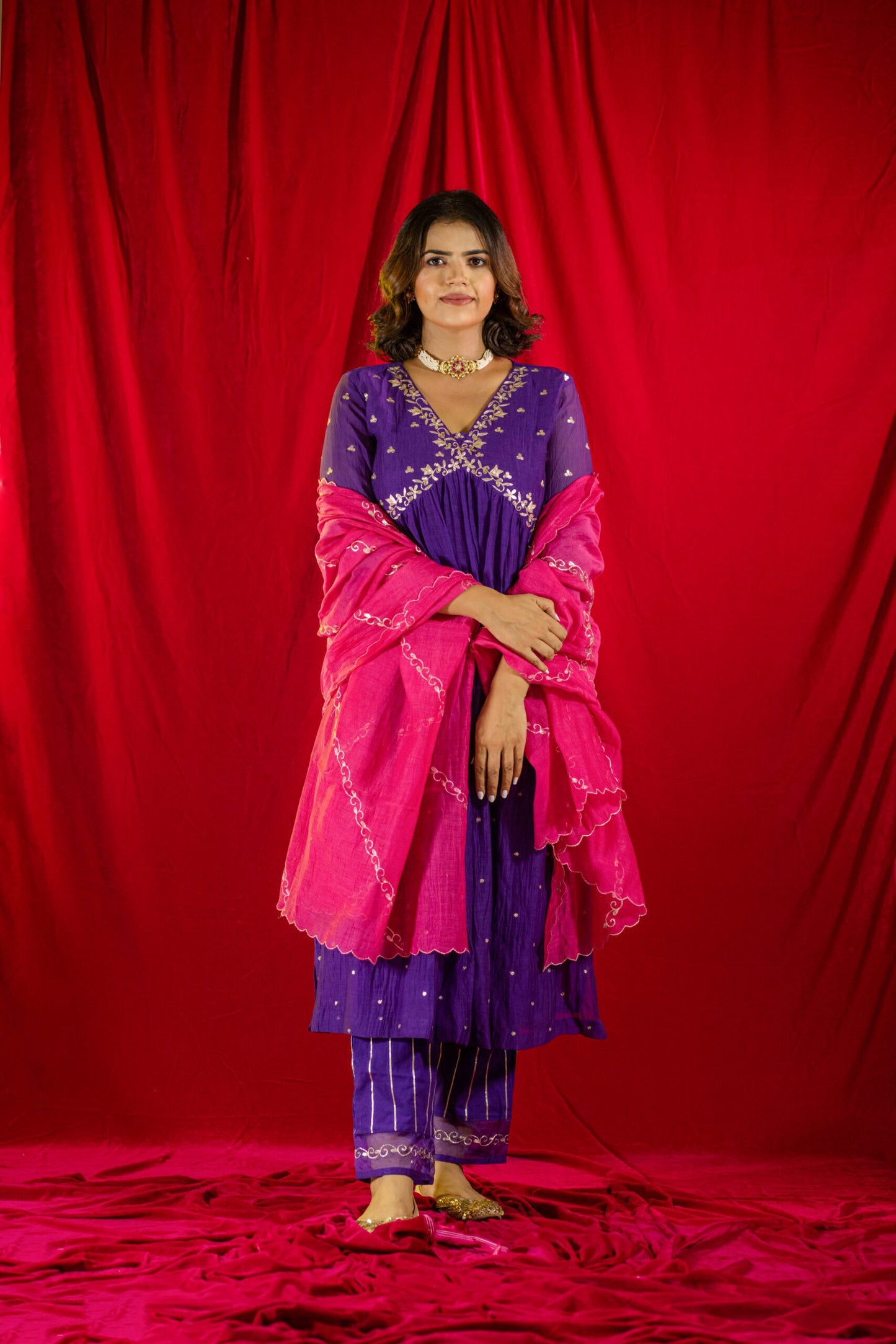 Purple V Neck A-line Kurta Set