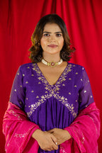 Purple V Neck A-line Kurta Set