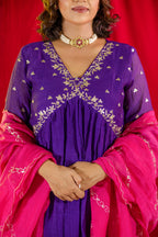 Purple V Neck A-line Kurta Set