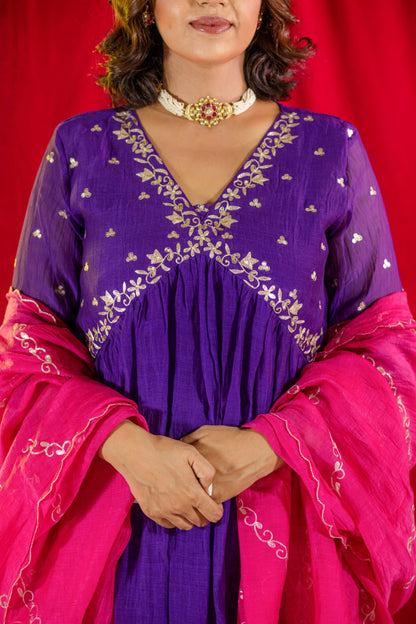 Purple V Neck A-line Kurta Set