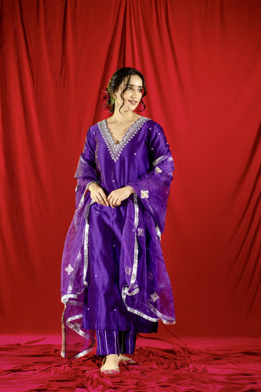 Purple Chanderi Silk Straight Kurta Set