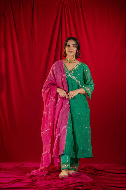 Green V-Neck Kurta Suit set