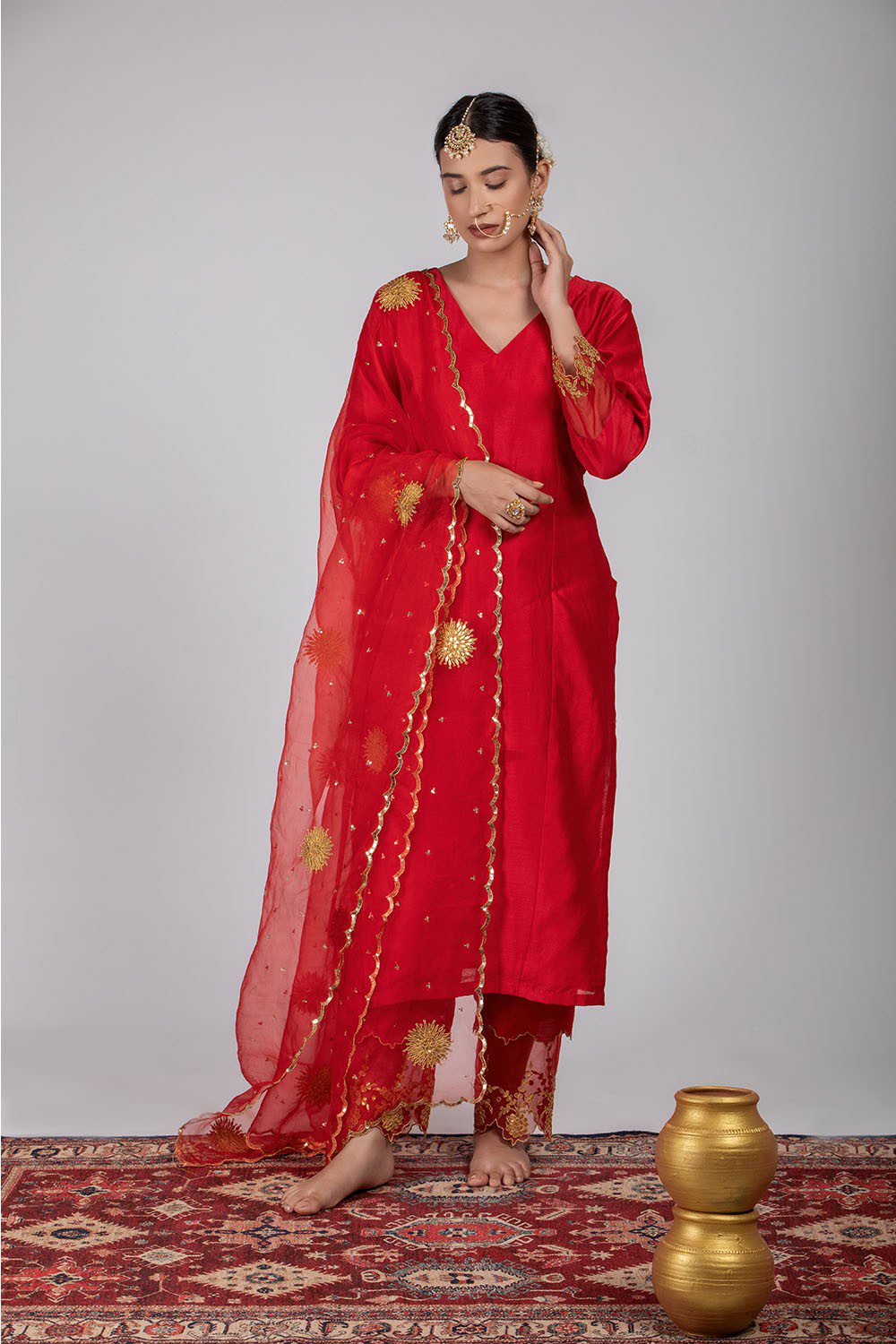 Red Chanderi Silk Straight Kurta Set