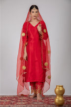 Red Chanderi Silk Straight Kurta Set