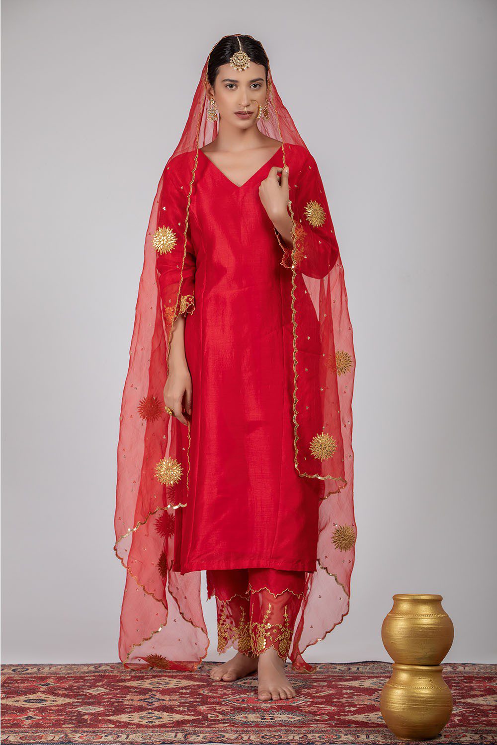 Red Chanderi Silk Straight Kurta Set