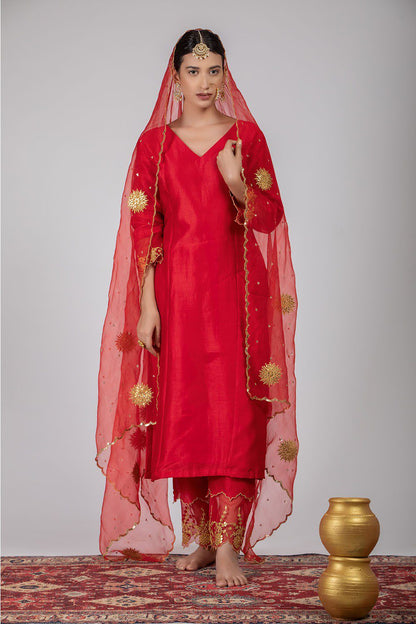 Red Chanderi Silk Straight Kurta Set