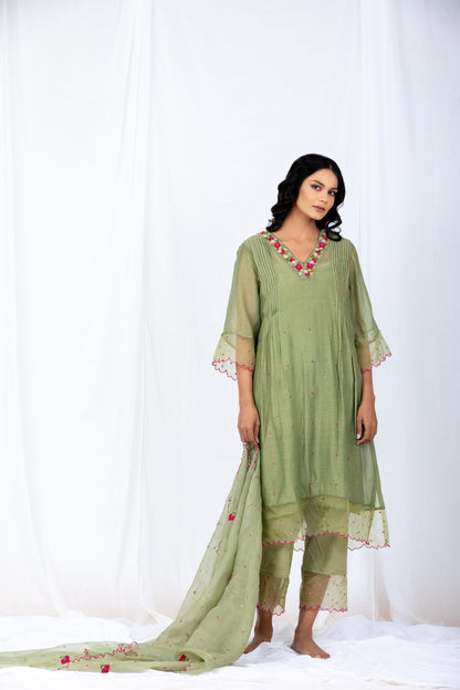 OLIVE green Chanderi Suit set