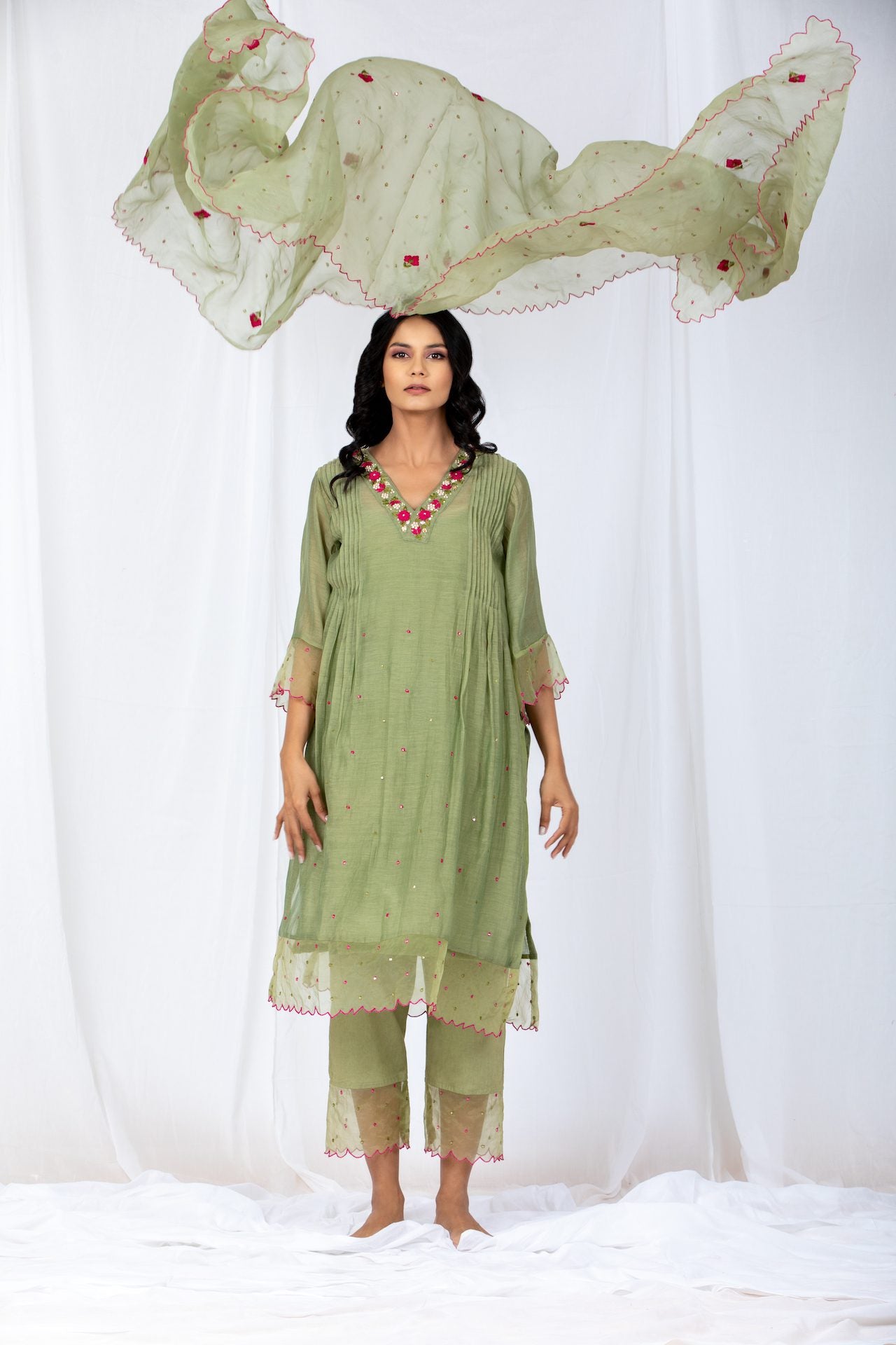 OLIVE green Chanderi Suit set