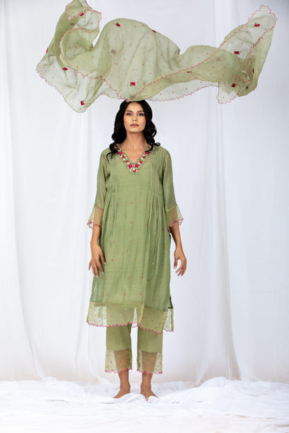 OLIVE green Chanderi Suit set