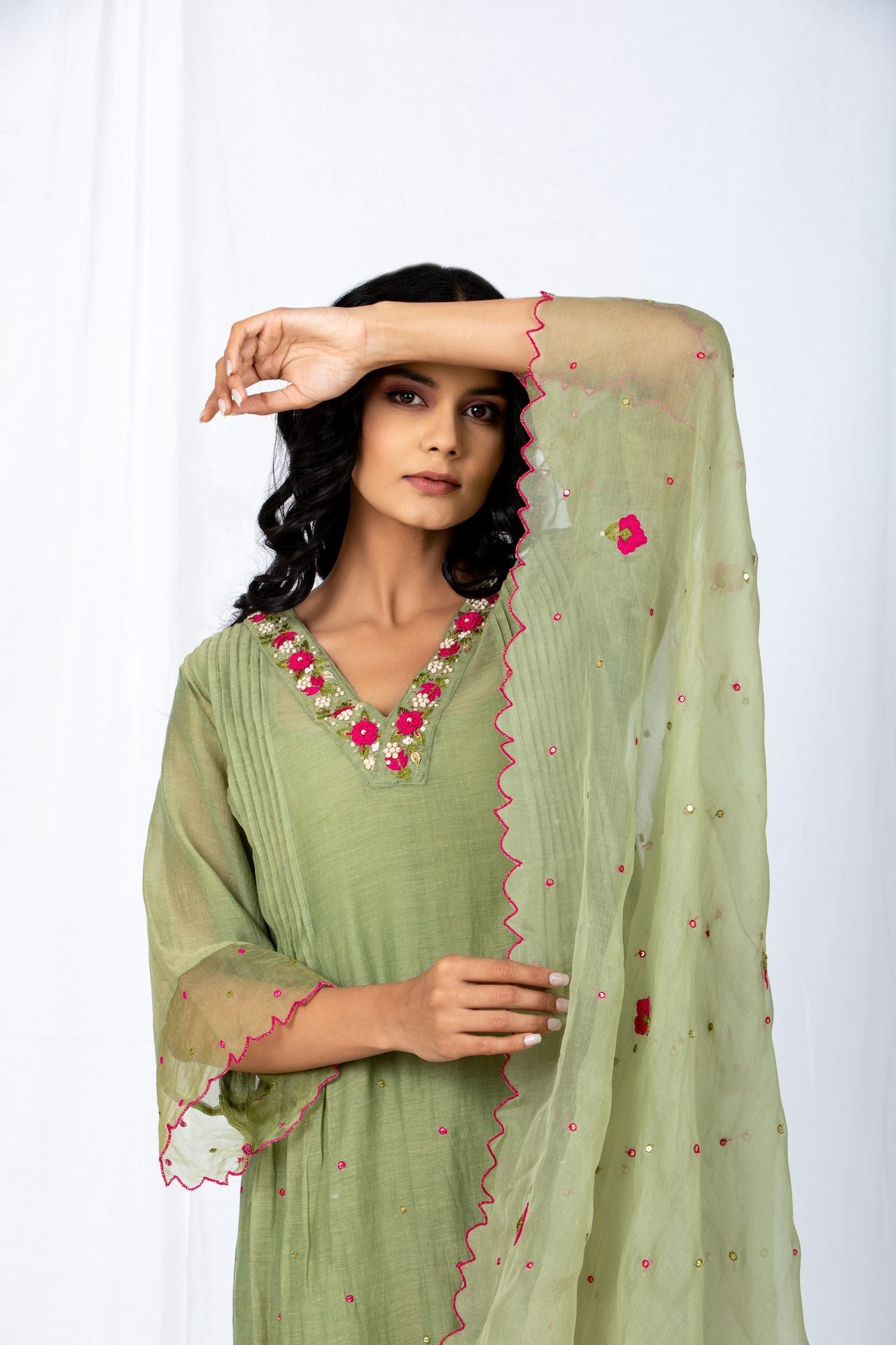 OLIVE green Chanderi Suit set