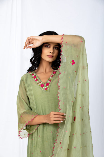 OLIVE green Chanderi Suit set