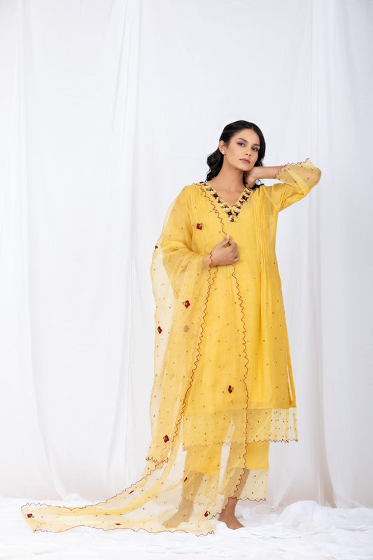 Yellow Chanderi A-line Kurta Set
