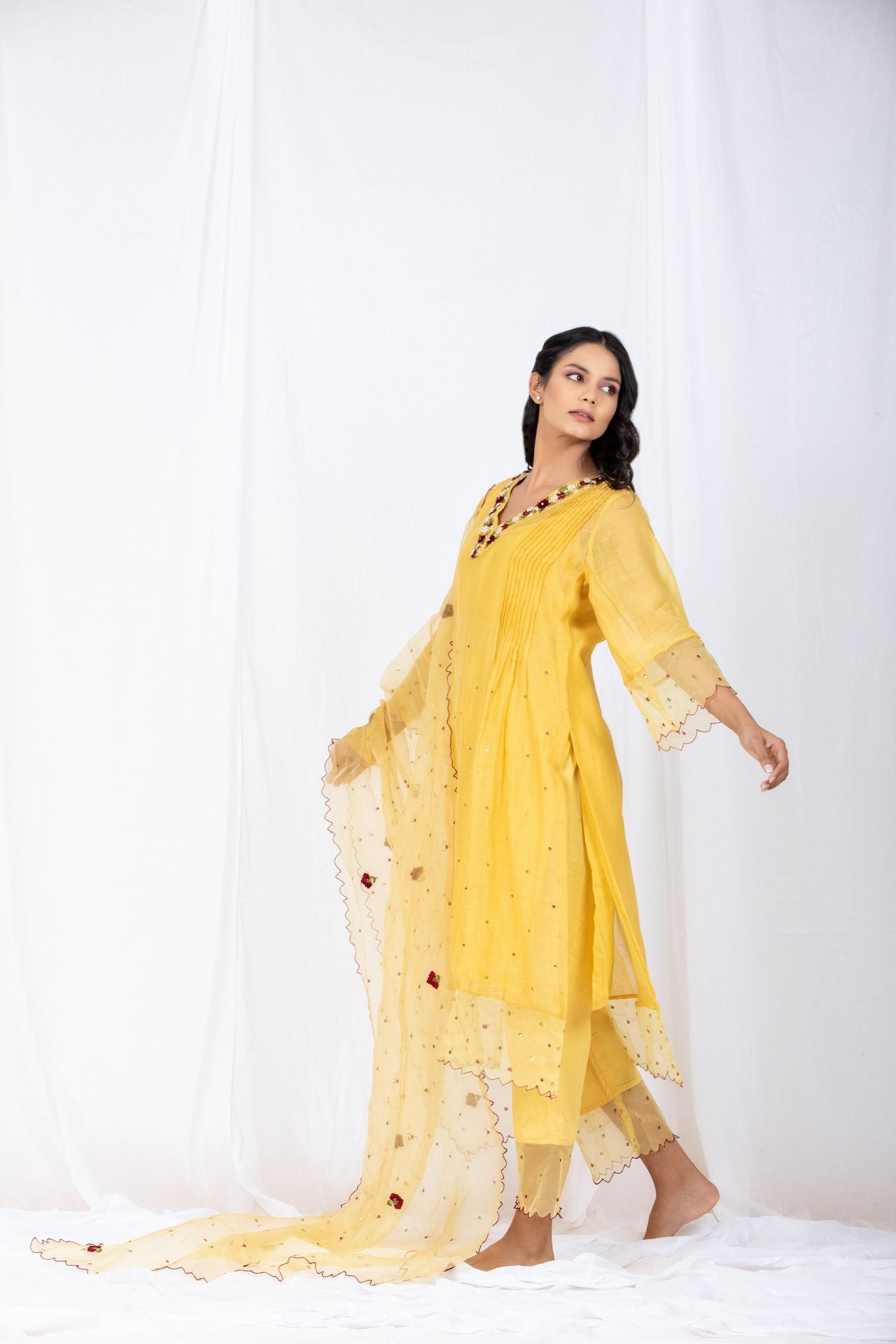 Yellow Chanderi A-line Kurta Set