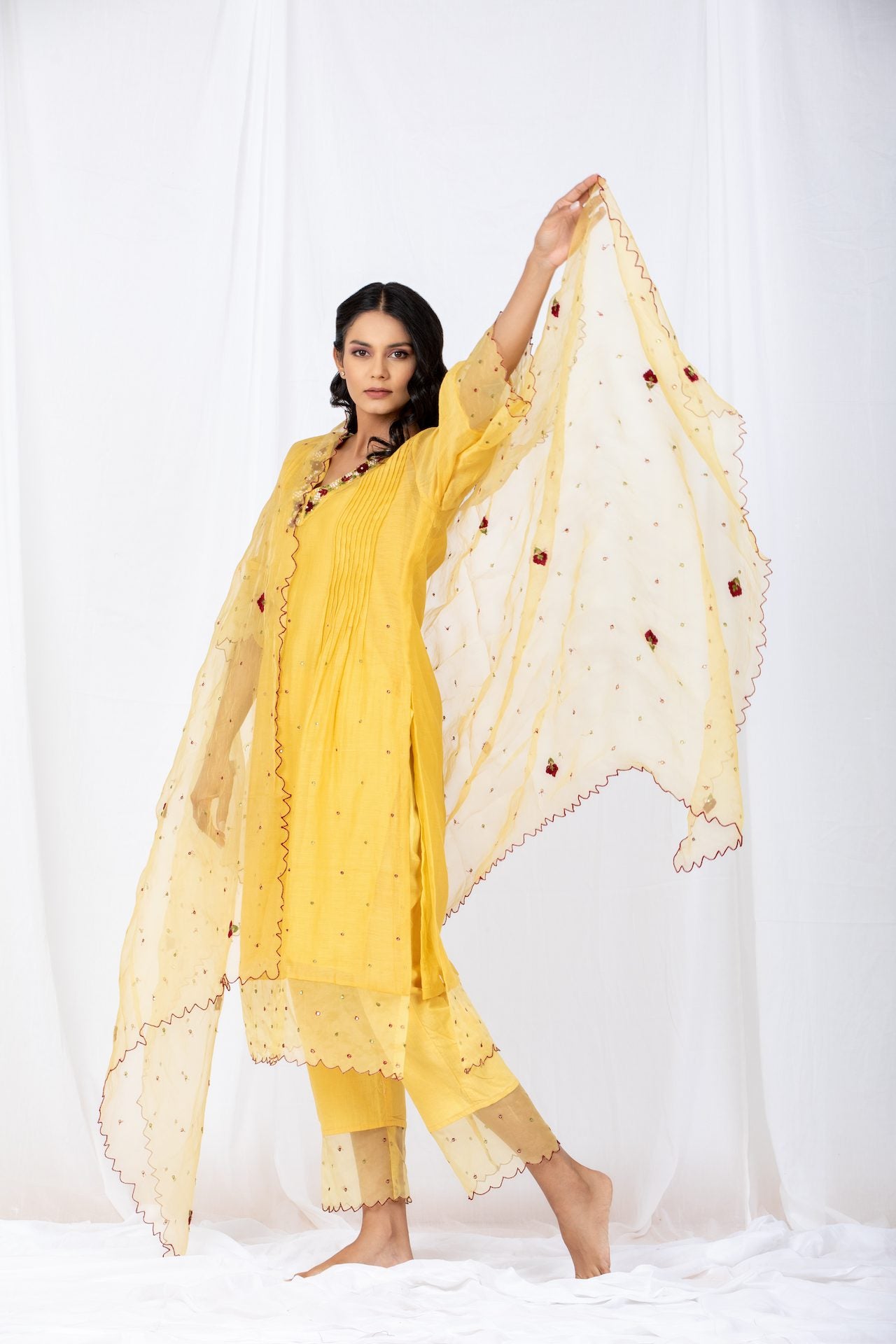 Yellow Chanderi A-line Kurta Set