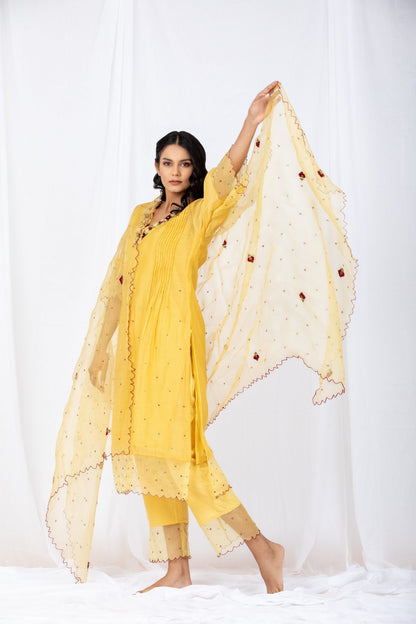 Yellow Chanderi A-line Kurta Set