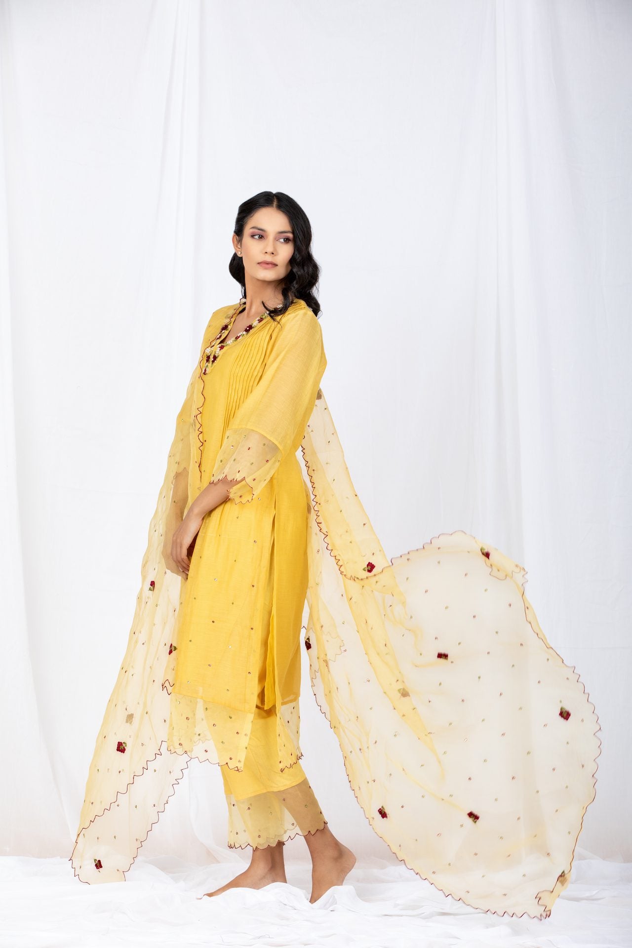 Yellow Chanderi A-line Kurta Set
