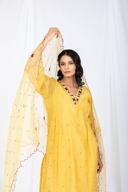 Yellow Chanderi A-line Kurta Set