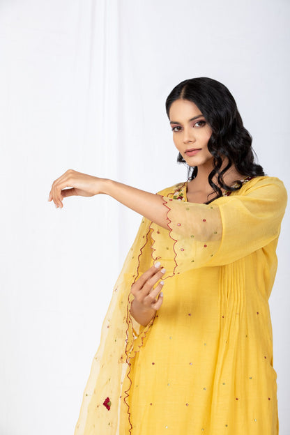 Yellow Chanderi A-line Kurta Set
