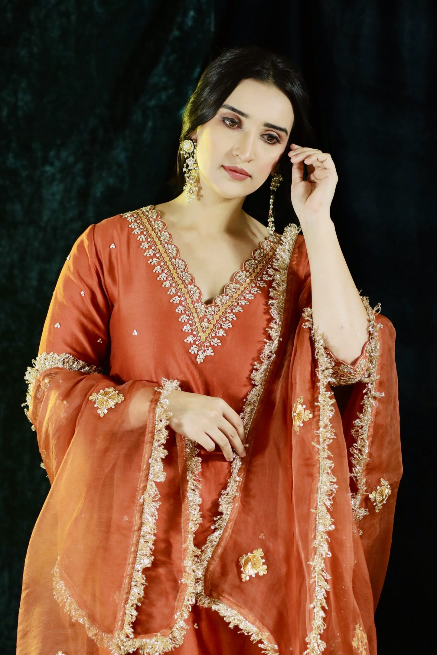Rust Chanderi Silk Straight Kurta Set