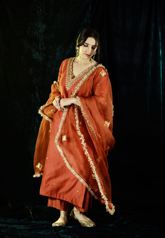 Rust Chanderi Silk Straight Kurta Set