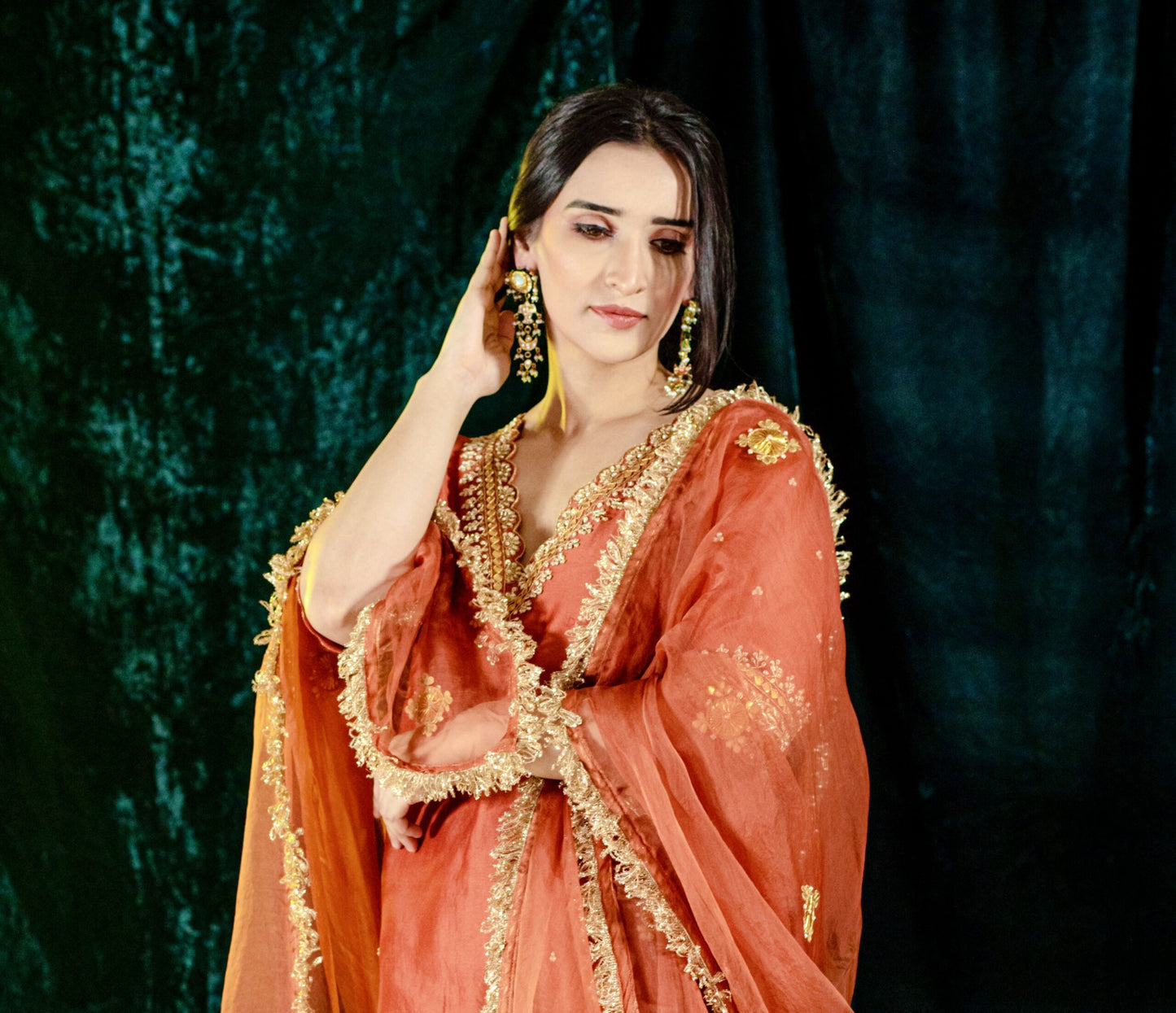 Rust Chanderi Silk Straight Kurta Set