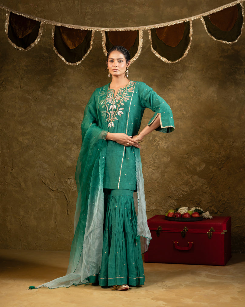 Green Kamal Lappa Sharara Set