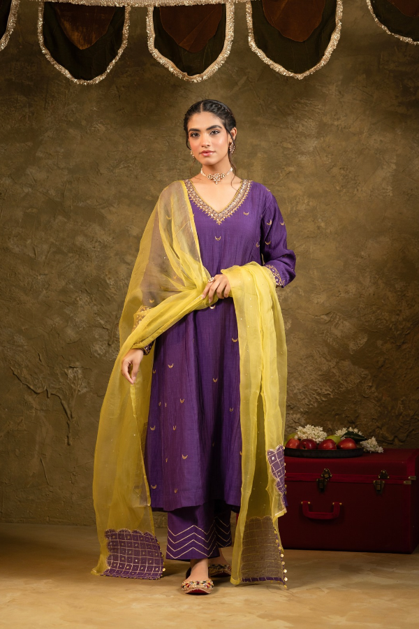 Purple Chand Booti A-Line Suit Set