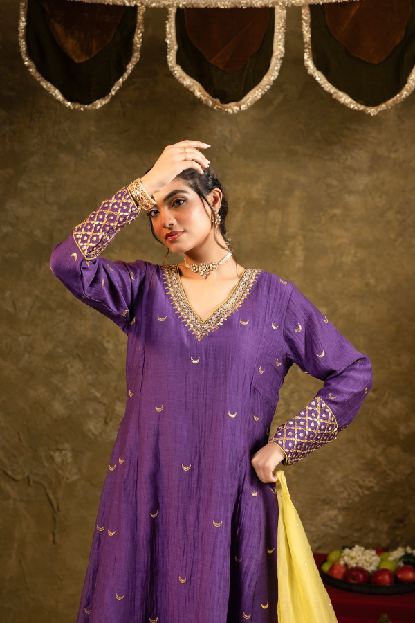 Purple Chand Booti A-Line Suit Set