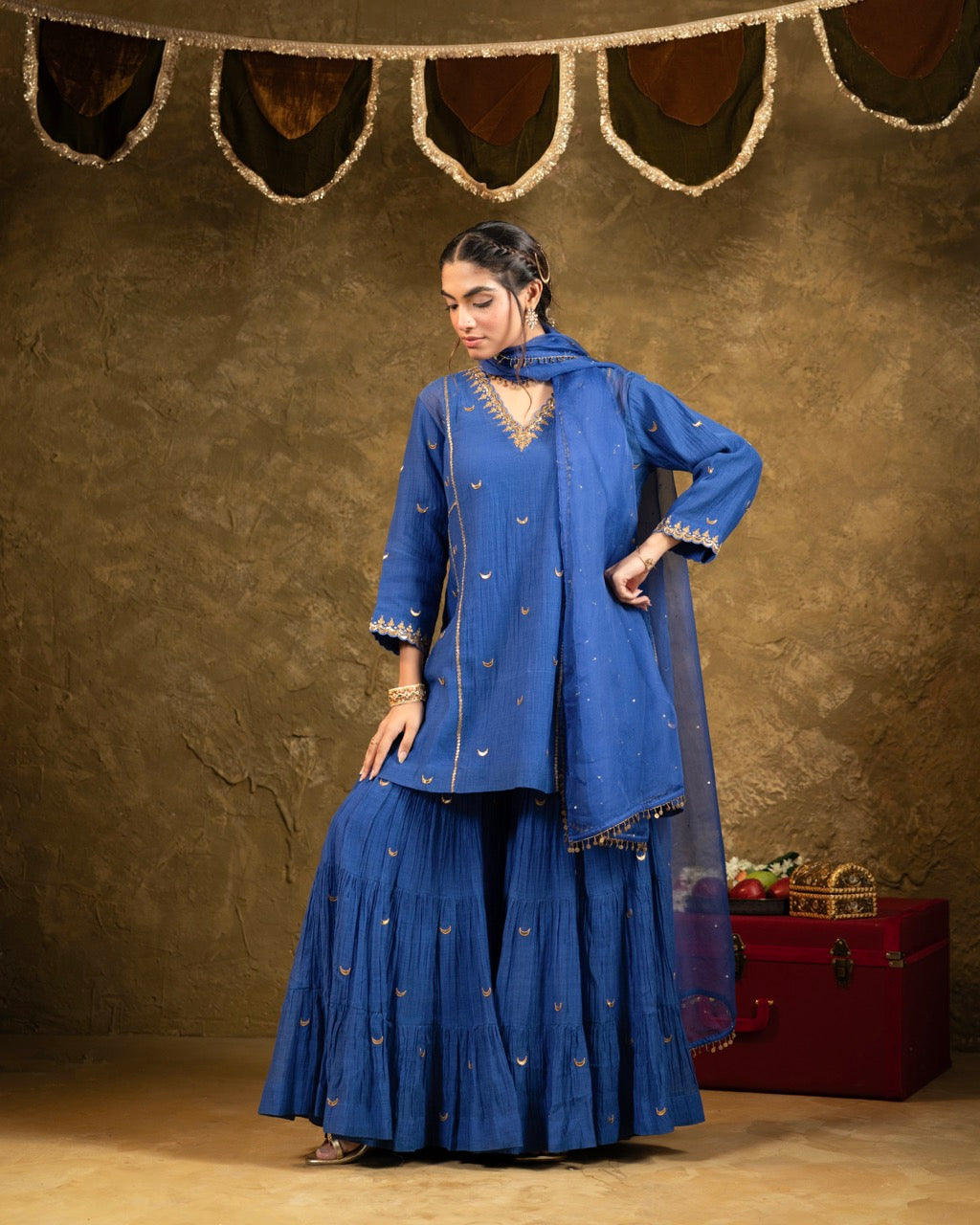 Electric Blue Chand Booti Sharara Set
