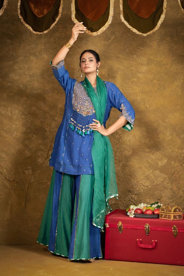 Antique Chowkadi Sharara Set - Blue + Green