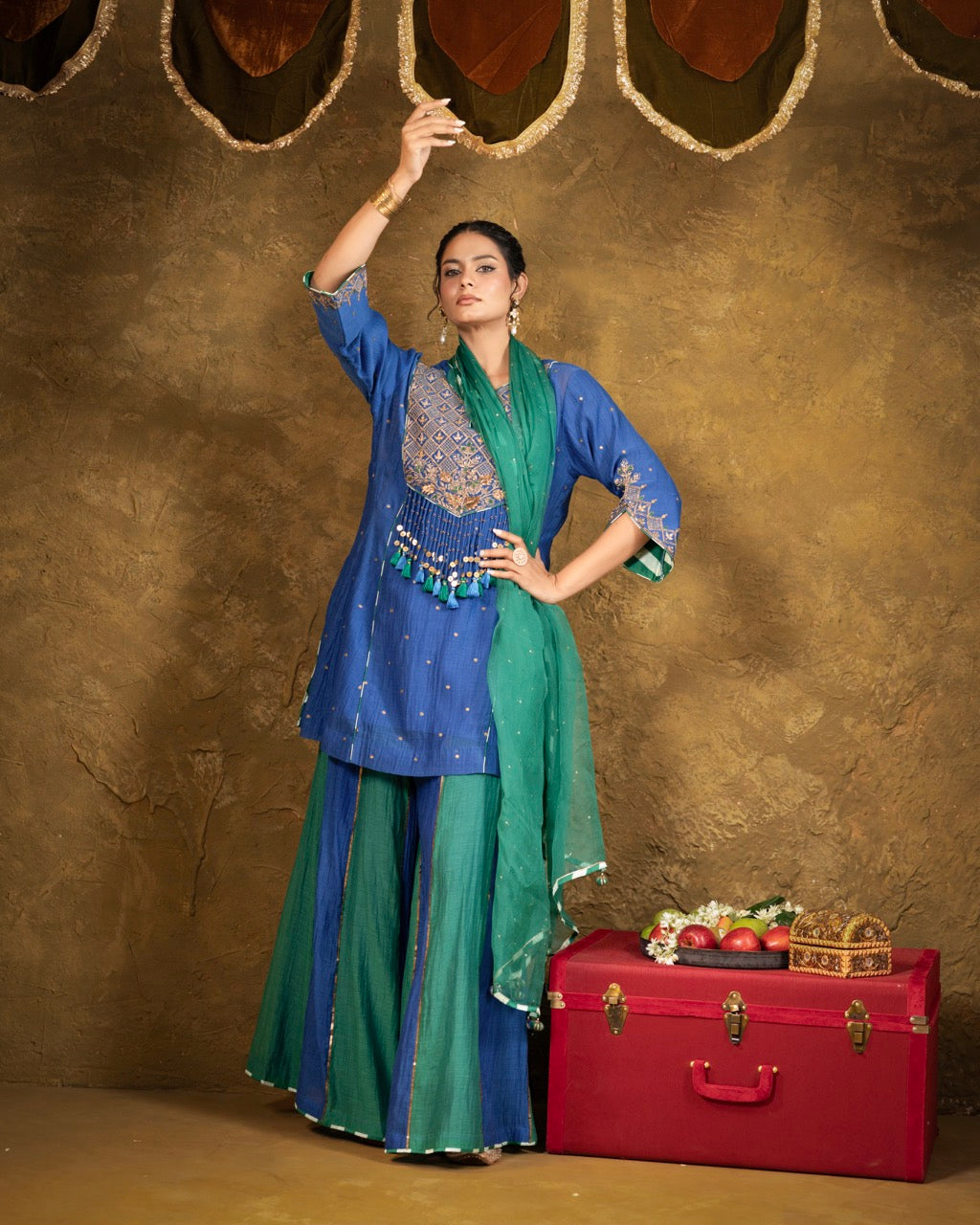 Antique Chowkadi Sharara Set - Blue + Green